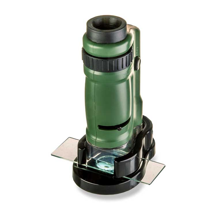 Håndholdt mikroskop med indsat objektglas