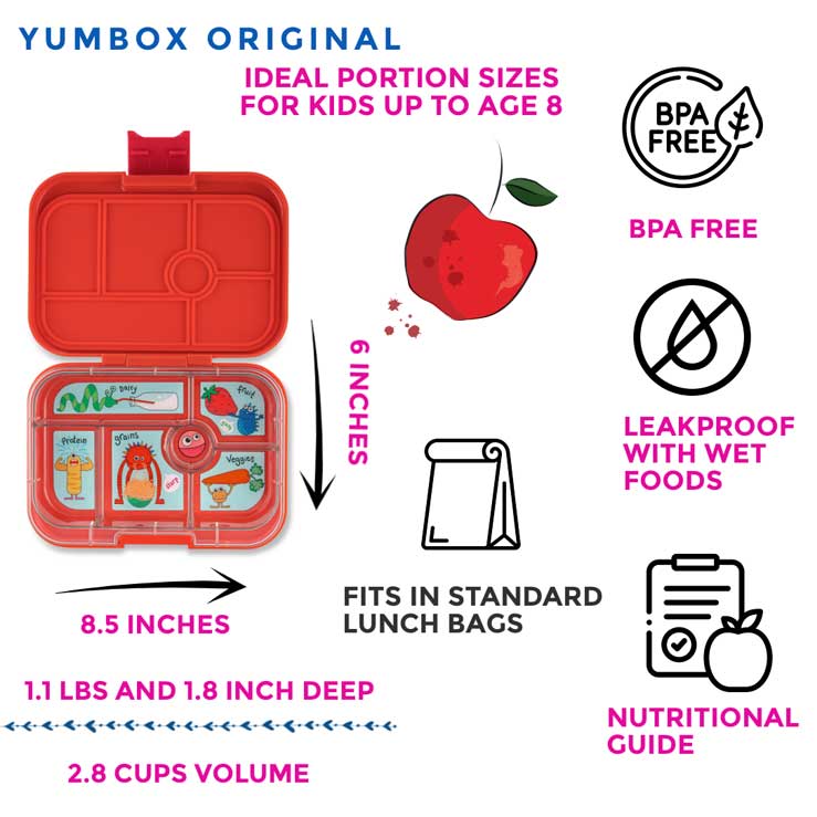 Børne madkasse | Yumbox original | Safari orange | Yumbox madkasse 6 rum | visning af alle dele til madkasse