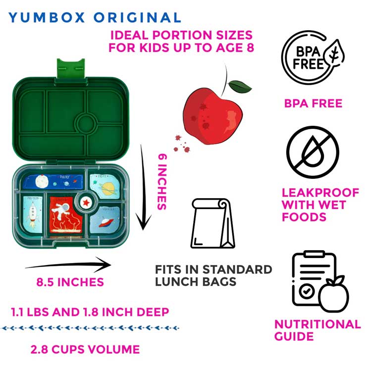 Børne madkasse | Yumbox original explore green | Yumbox madkasse 6 rum | visning af alle dele til madkasse