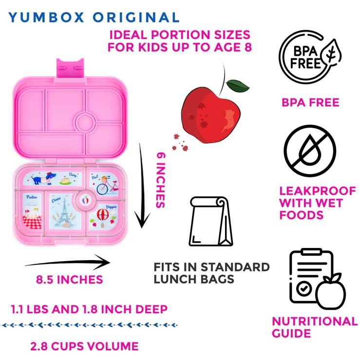 Børne madkasse | Yumbox original fifi pink | Yumbox madkasse 6 rum | visning af alle dele til madkasse