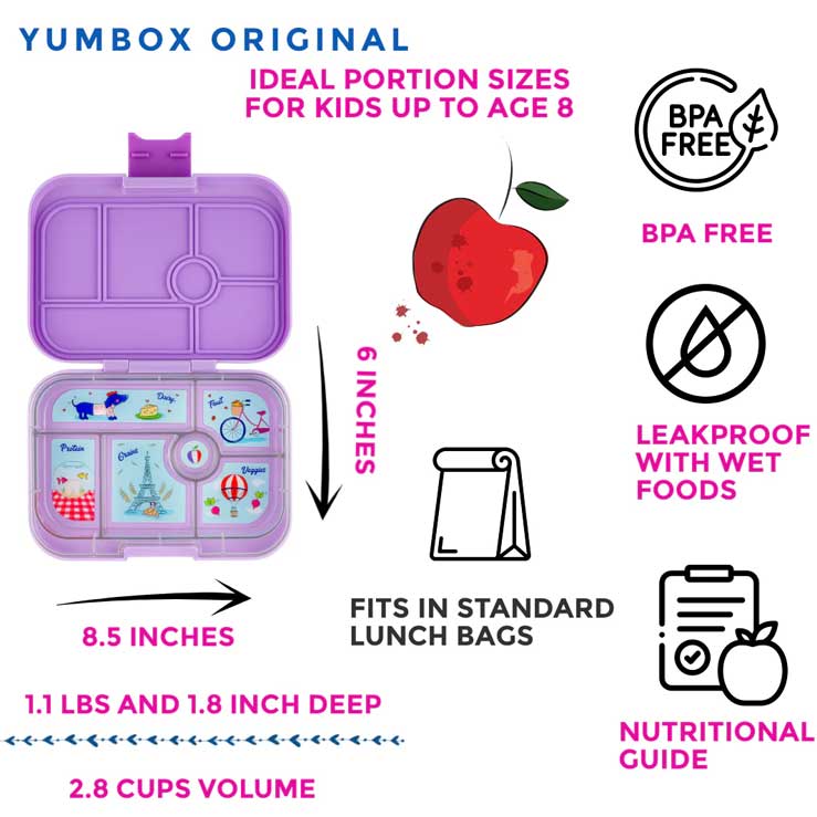 Børne madkasse | Yumbox original lulu purple | Yumbox madkasse 6 rum | visning af alle dele til madkasse
