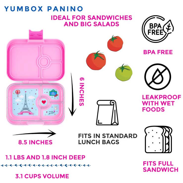 Madkasse til børn med rum | Yumbox panino paris fifi pink | visning af alle dele i madkasse