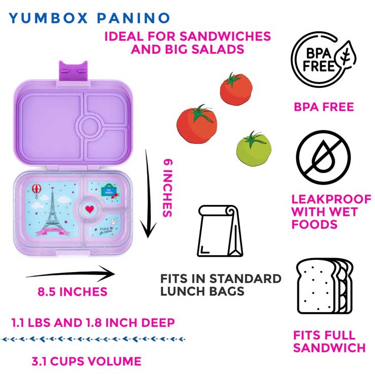 Madkasse til børn med rum | Yumbox panino paris | visning af alle dele til madkasse