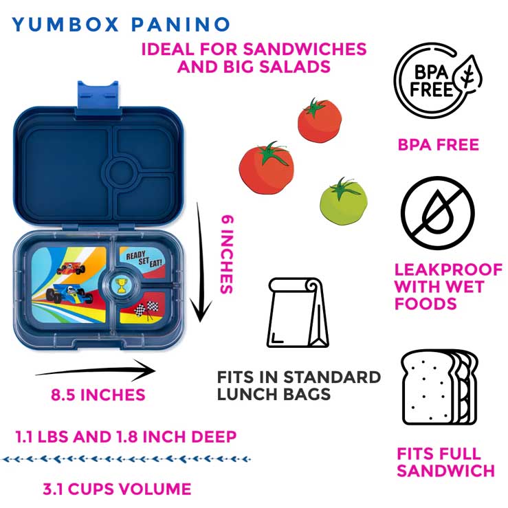 Madkasse til børn med rum | Yumbox panino race cars | visning af alle dele i madkasse