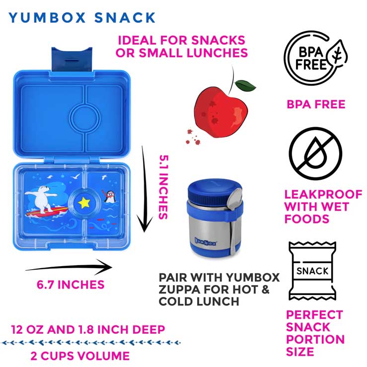 Madkasse til børn, Yumbox Snack Tropical, billede af alle dele af madkasse