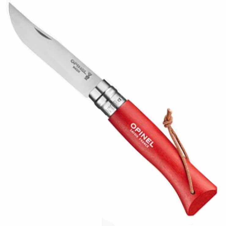 Opinel kniv i rød. Bushwacker. Foldekniv slået ud.