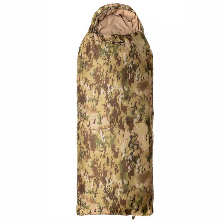 Snugpak børnesovepose i camouflagefarve udrullet