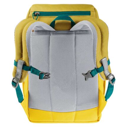 Deuter Schmusebär 8 L børnerygsæk i Turmeric Corn set bagfra med justerbar brystrem og ergonomisk rygpanel