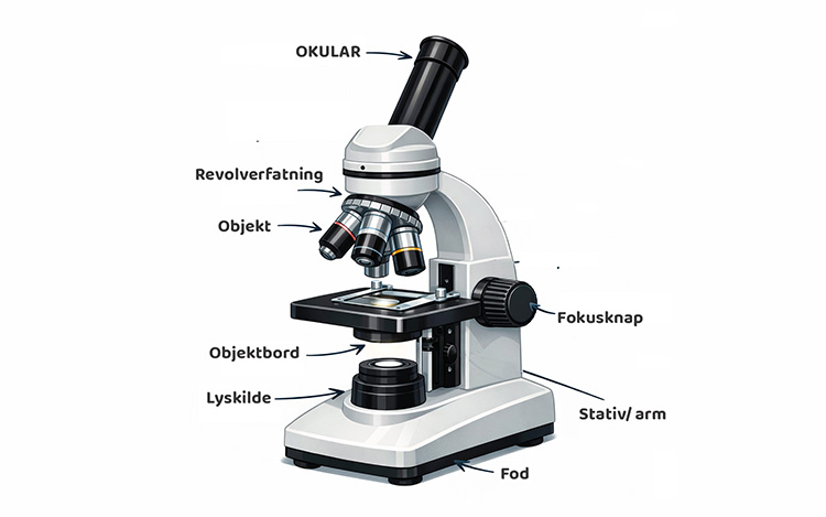 Mikroskop med betegnelser som okular og fokusknap