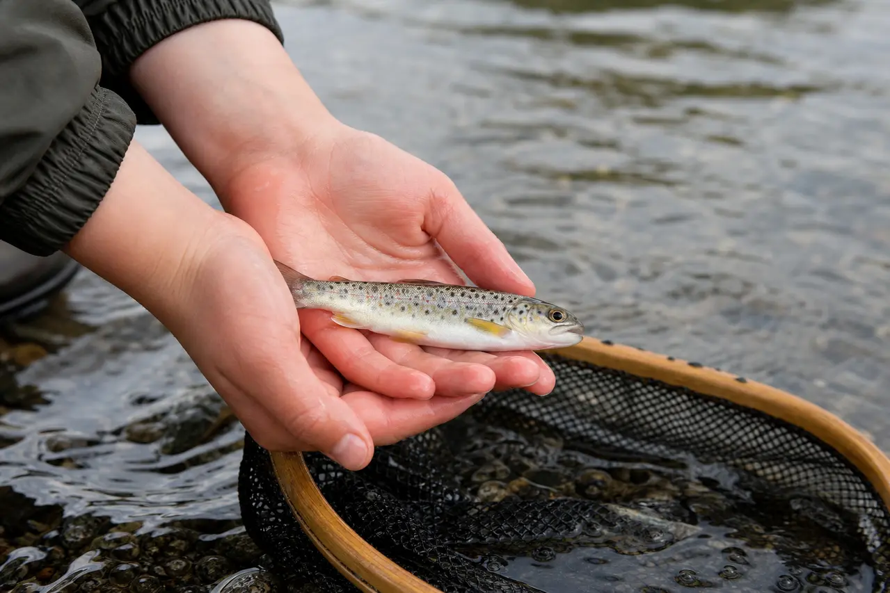 Hænder holder nænsomt en lille fisk over net