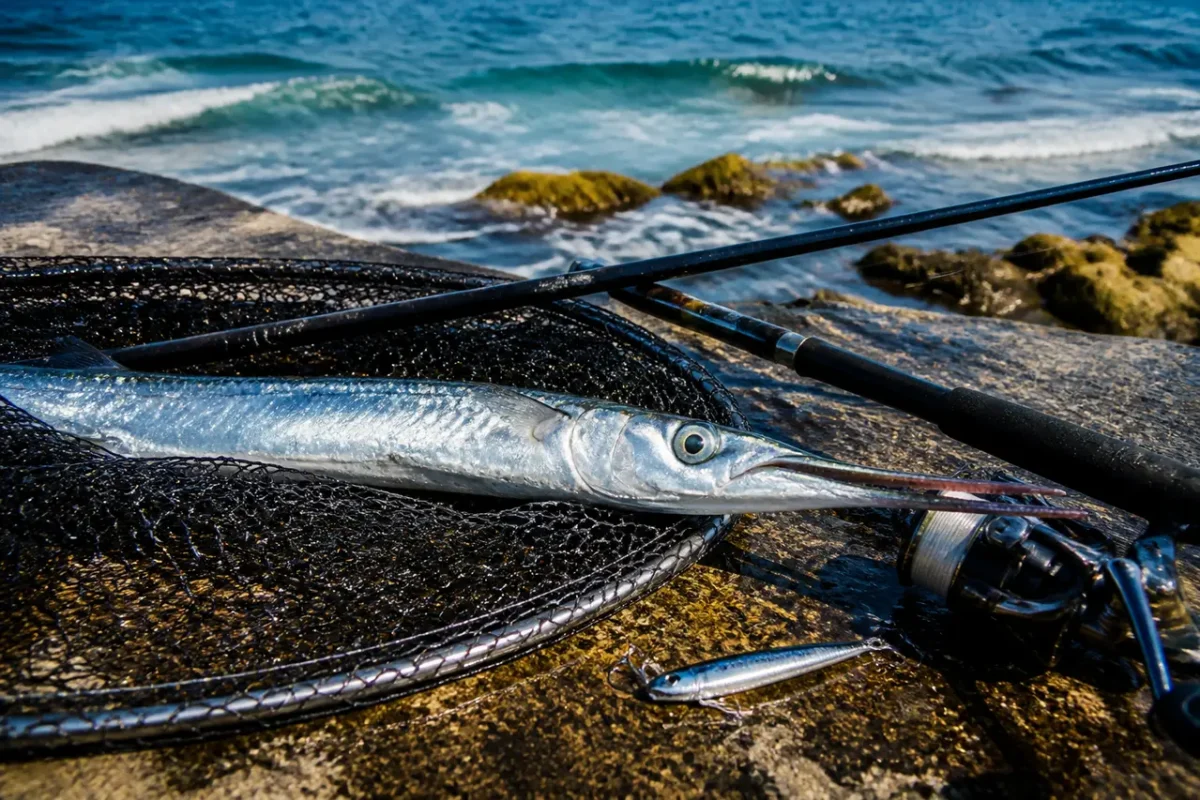 Hornfisk i landingsnet på dansk kystmole