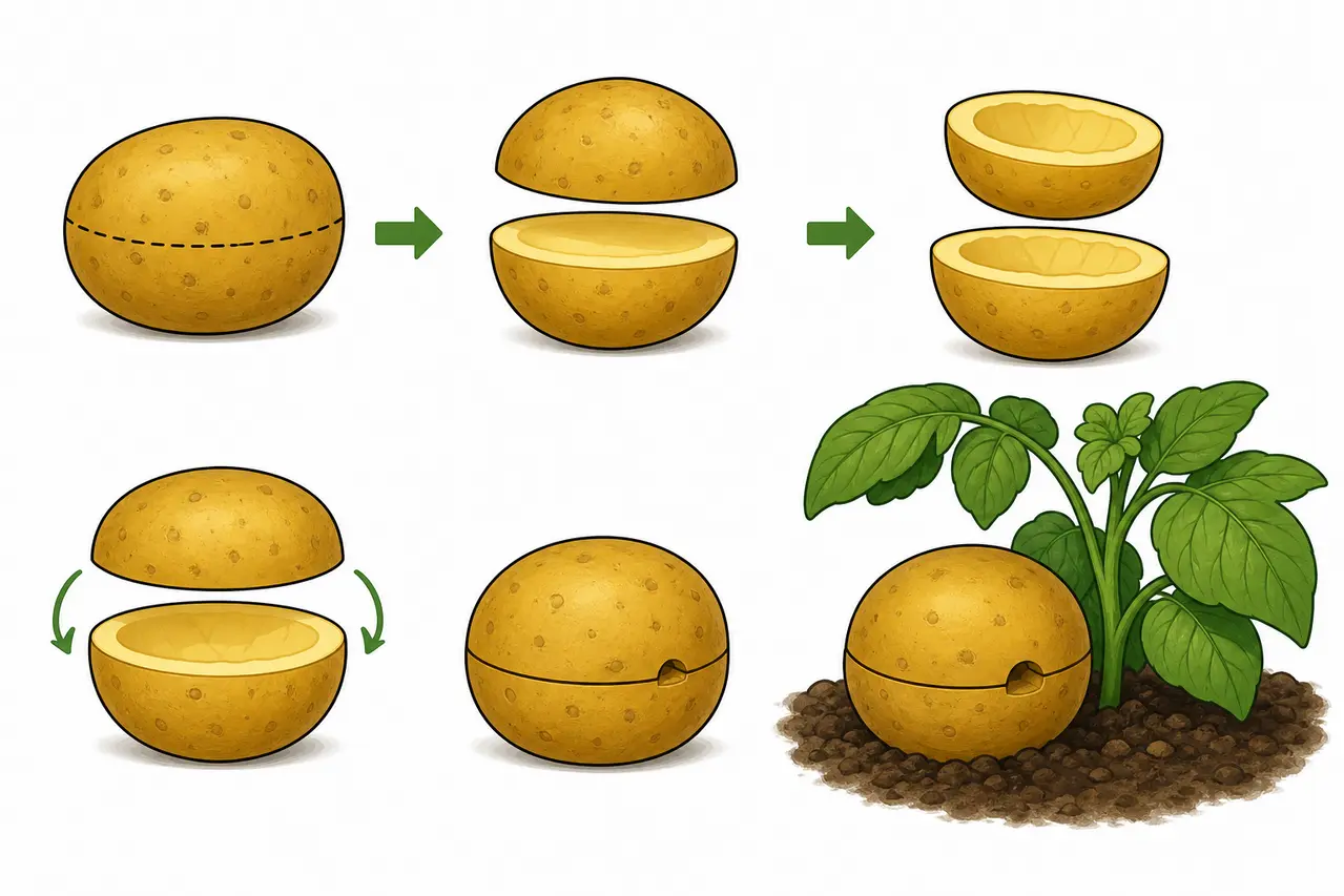 Illustration af udhulet kartoffelfælde i to halvdele