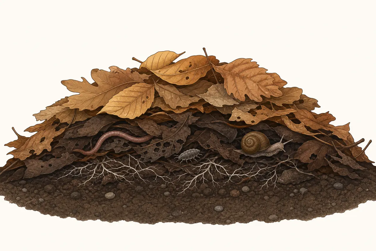 Illustration af smådyr i en bladbunke