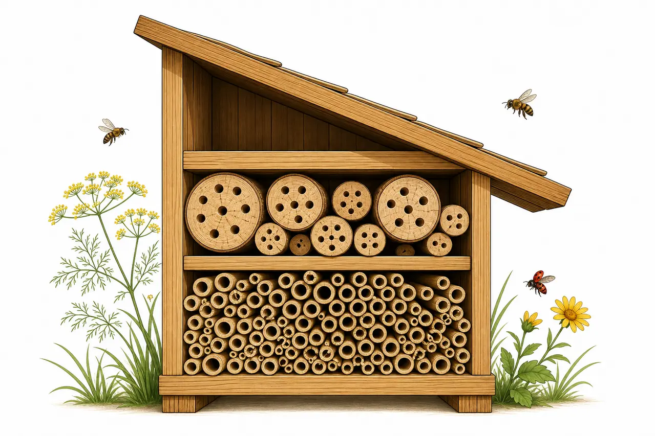 Illustration af opbygget insekthotel i træ