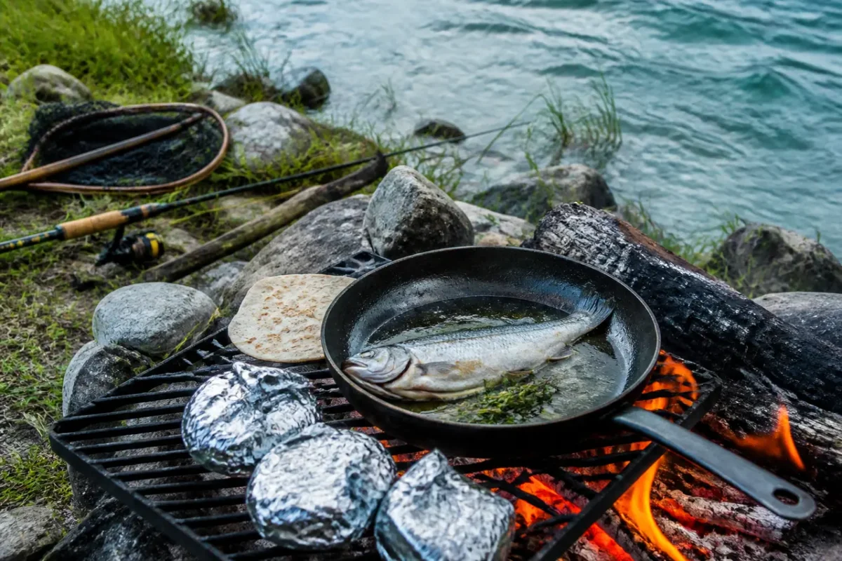 Bålmad ved søbredden på fisketur