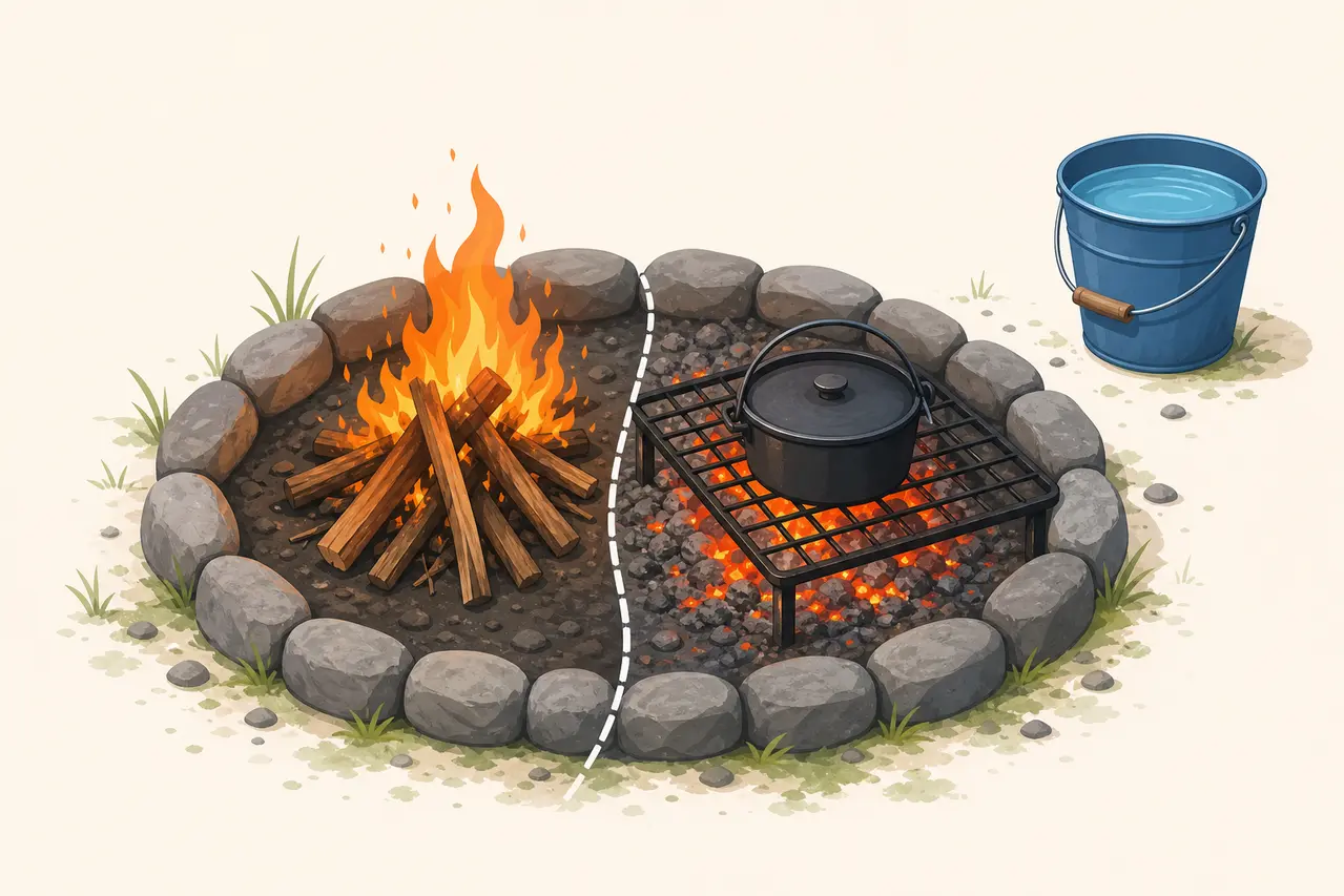 Illustration af sikkert madbål med gløder