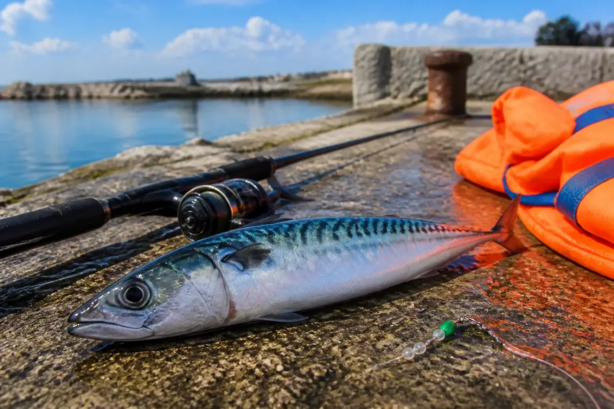 Blank makrel på våd mole med fiskegrej