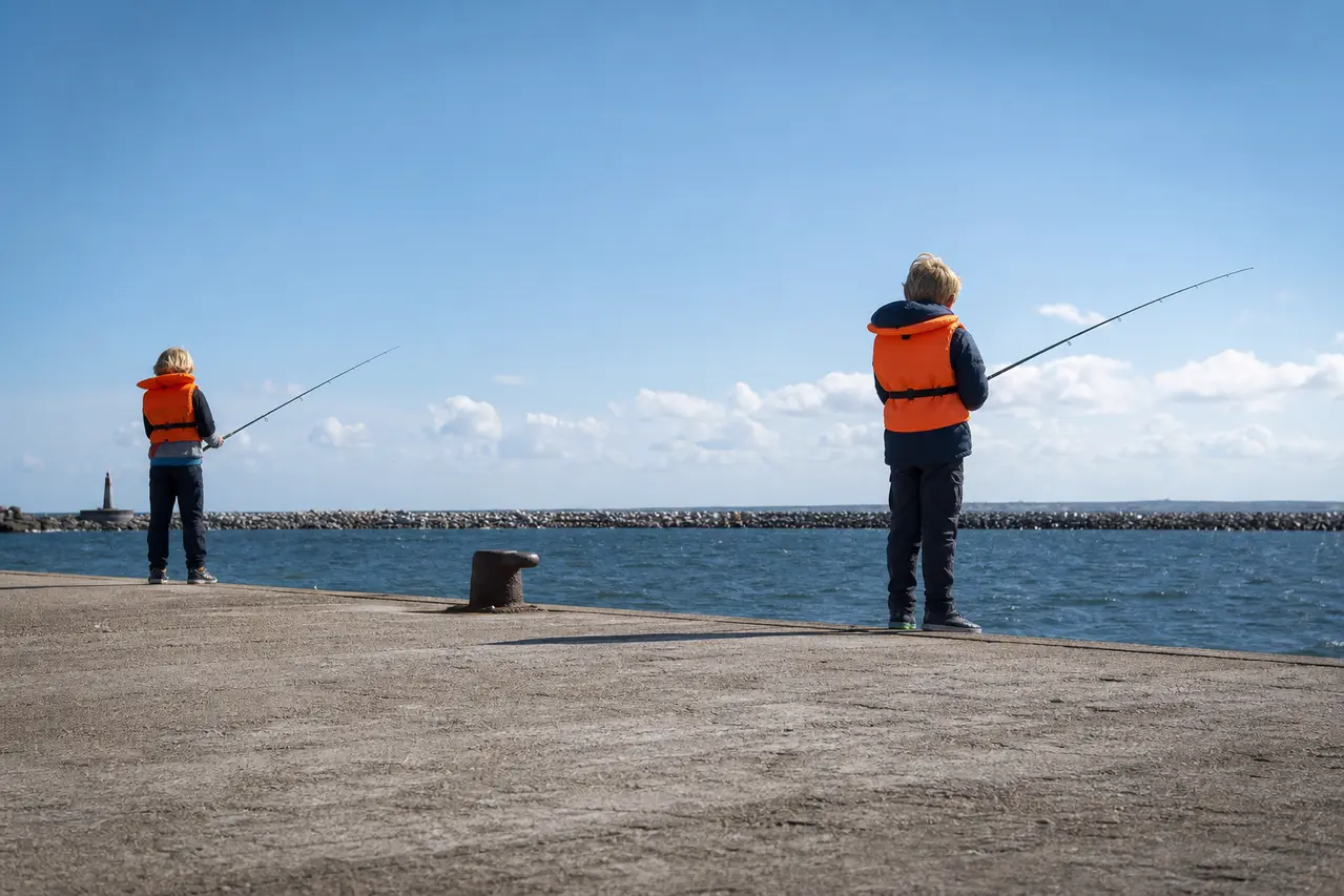 Børn med redningsveste fisker fra en mole