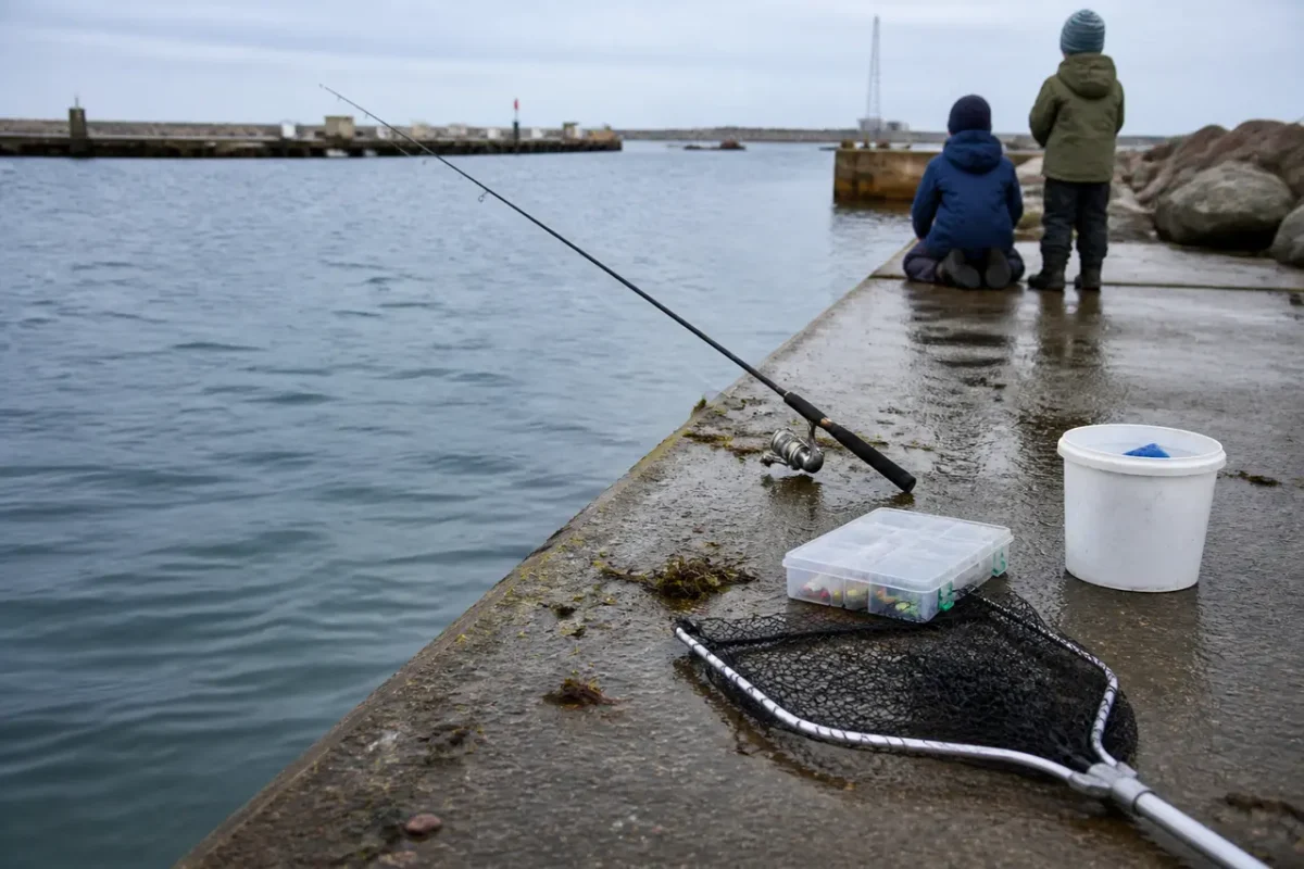 Fiskestang og grej ved en dansk mole