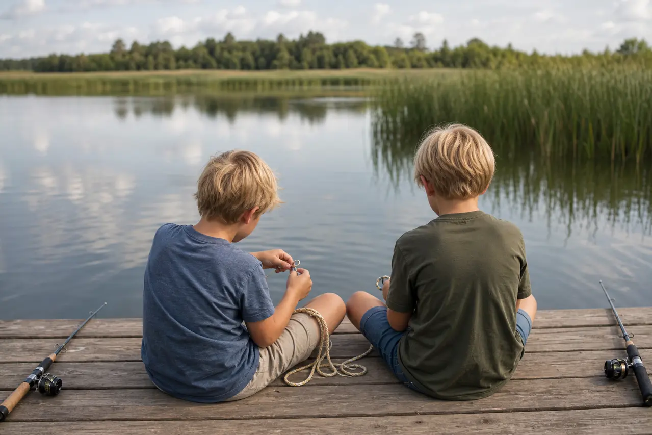 Børn øver fiskeknob på en træbro