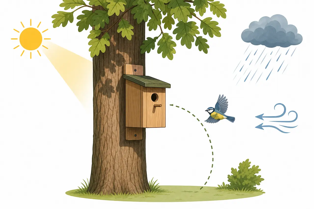 Illustration af god placering af fuglekasse