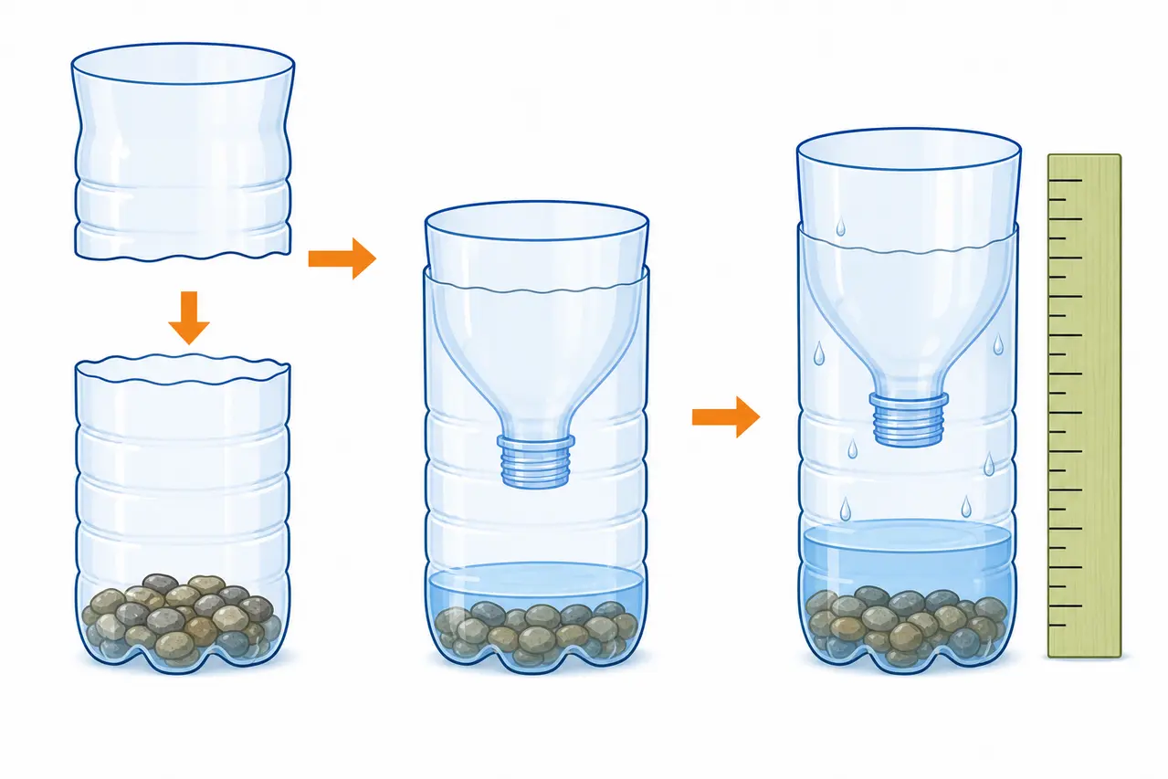Illustration af opbygget regnmåler af plastflaske