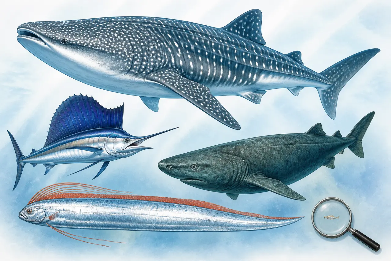 Illustration af flere fisk med vilde rekorder