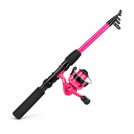 Vildmark teleskopfiskestang med hjul i pink