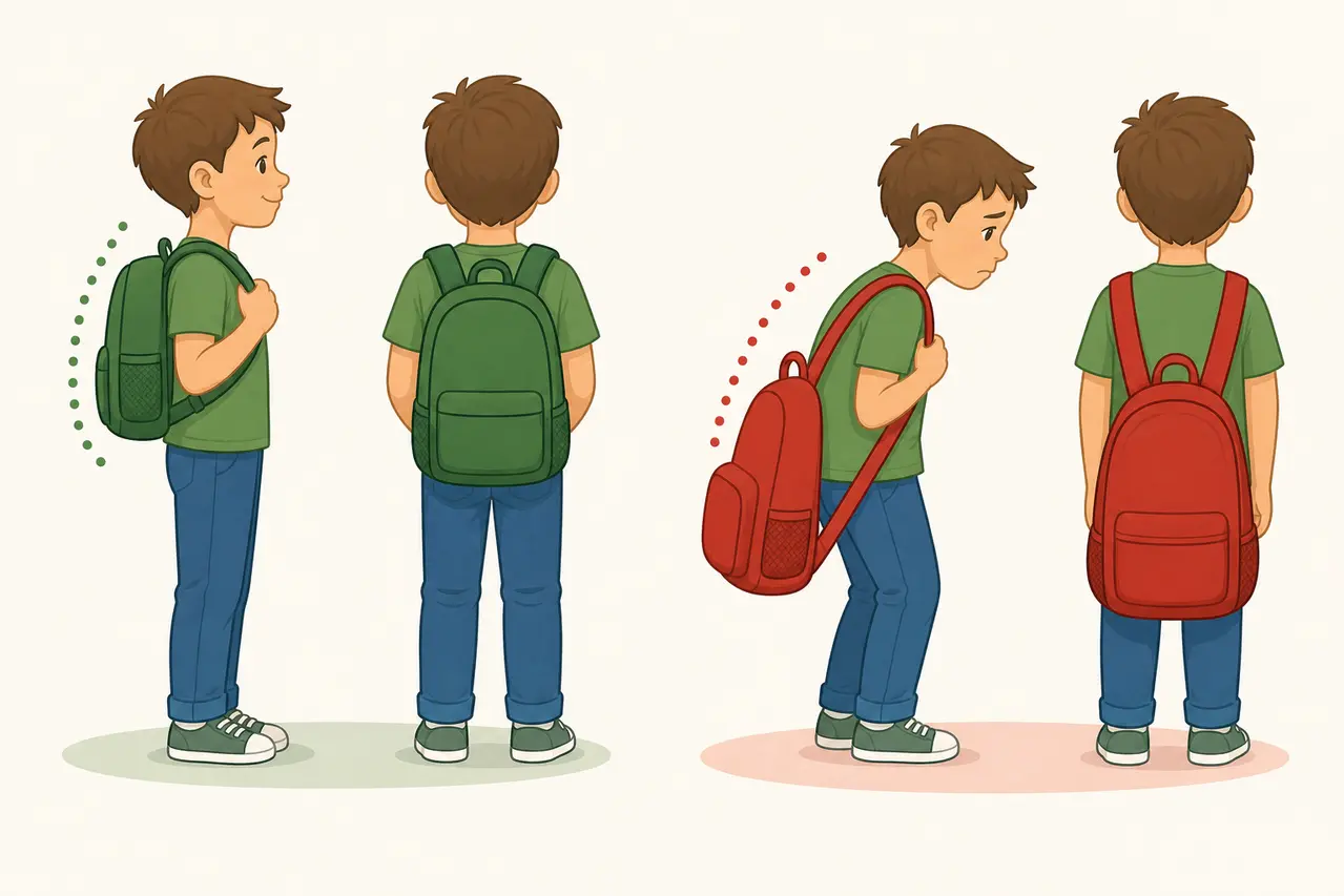 Illustration af korrekt og forkert rygsækpasform