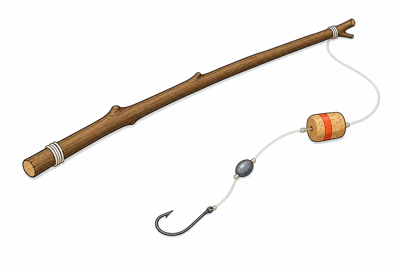 Illustration af hjemmelavet fiskestang med line og flåd