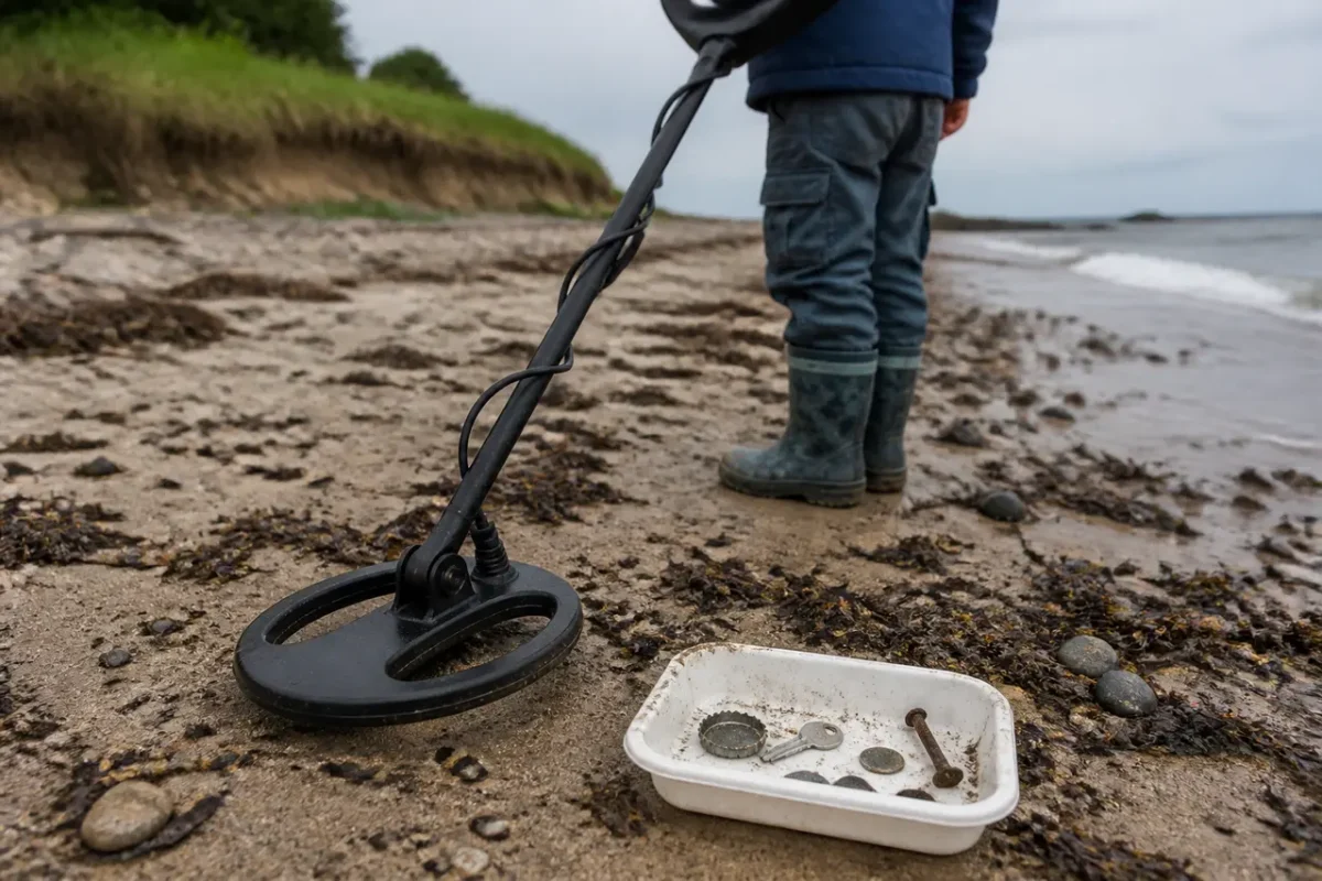 Metaldetektor søger i fugtigt strandsand