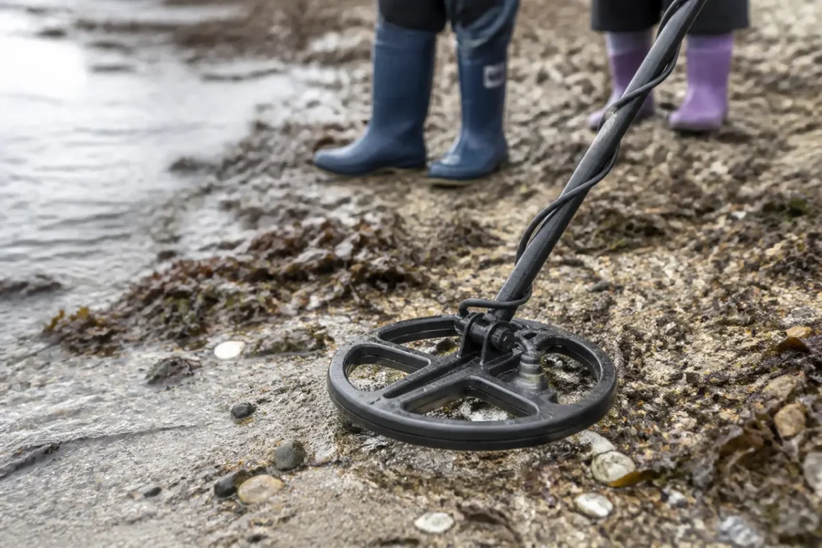 Metaldetektor søger over sand og småsten