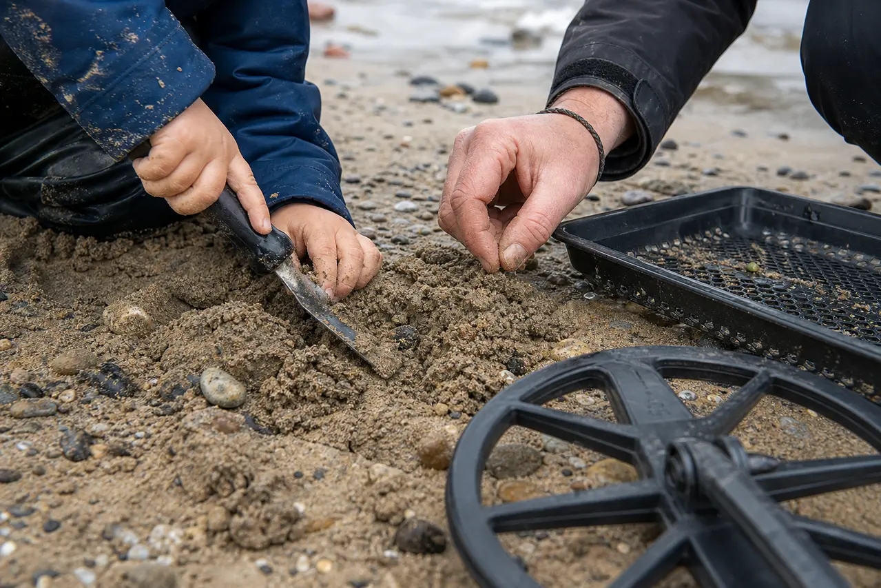 Hænder undersøger et fundsted i sand